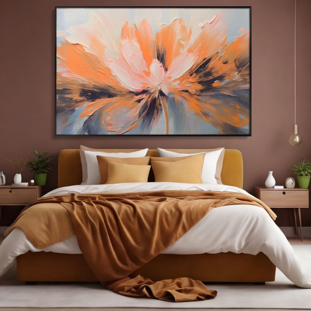 Tablou canvas cu tablou canvas cu floare abstracta, in rama de aluminiu negru, pe perete intr-un dormitor